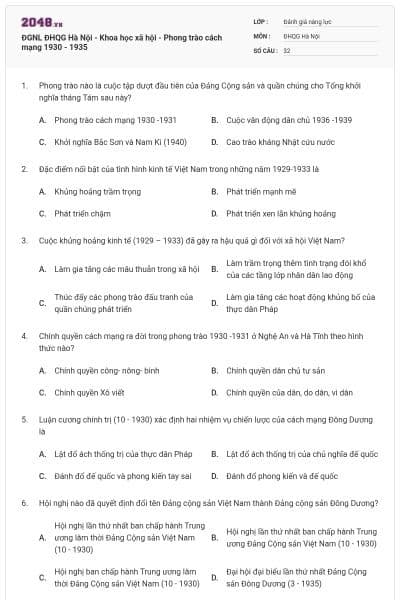 ĐGNL ĐHQG Hà Nội - Khoa học xã hội - Phong trào cách mạng 1930 - 1935