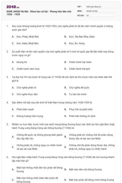 ĐGNL ĐHQG Hà Nội - Khoa học xã hội - Phong trào dân chủ 1936 - 1939