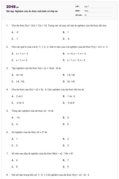 Bài tập: Nghiệm của đa thức một biến có đáp án