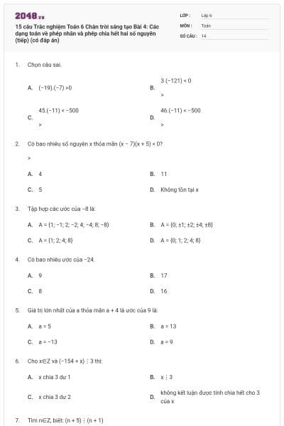15 câu Trắc nghiệm Toán 6 Chân trời sáng tạo Bài 4: Các dạng toán về phép nhân và phép chia hết hai số nguyên (tiếp) (có đáp án)