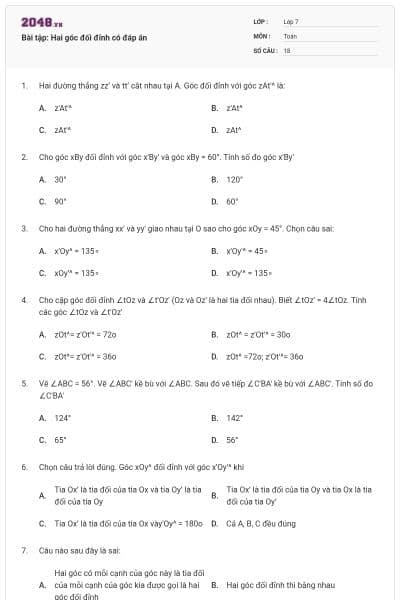 Bài tập: Hai góc đối đỉnh có đáp án