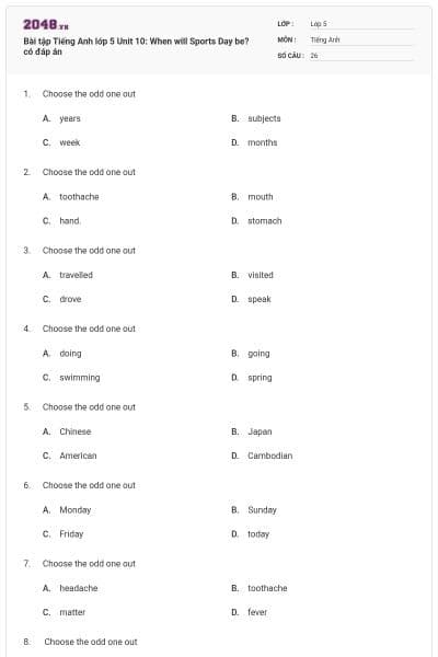 Bài tập Tiếng Anh lớp 5 Unit 10: When will Sports Day be? có đáp án