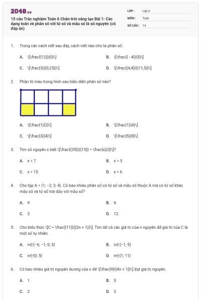 15 câu Trắc nghiệm Toán 6 Chân trời sáng tạo Bài 1: Các dạng toán về phân số với tử số và mẫu số là số nguyên (có đáp án)