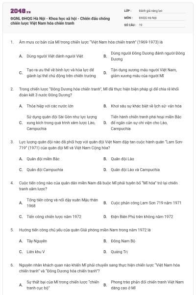 ĐGNL ĐHQG Hà Nội - Khoa học xã hội - Chiến đấu chống chiến lược Việt Nam hóa chiến tranh