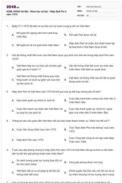 ĐGNL ĐHQG Hà Nội - Khoa học xã hội - Hiệp định Pa-ri năm 1973
