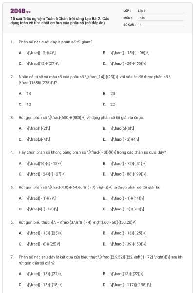 15 câu Trắc nghiệm Toán 6 Chân trời sáng tạo Bài 2: Các dạng toán về tính chất cơ bản của phân số (có đáp án)