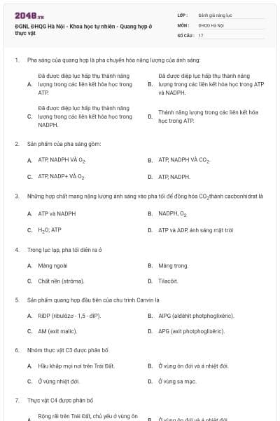 ĐGNL ĐHQG Hà Nội - Khoa học tự nhiên - Quang hợp ở thực vật