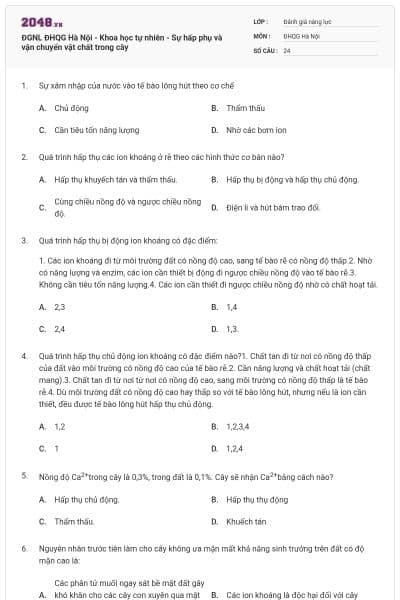 ĐGNL ĐHQG Hà Nội - Khoa học tự nhiên - Sự hấp phụ và vận chuyển vật chất trong cây