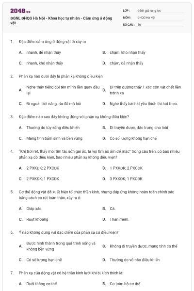 ĐGNL ĐHQG Hà Nội - Khoa học tự nhiên - Cảm ứng ở động vật