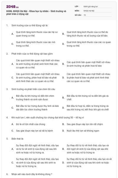 ĐGNL ĐHQG Hà Nội - Khoa học tự nhiên - Sinh trưởng và phát triển ở động vật