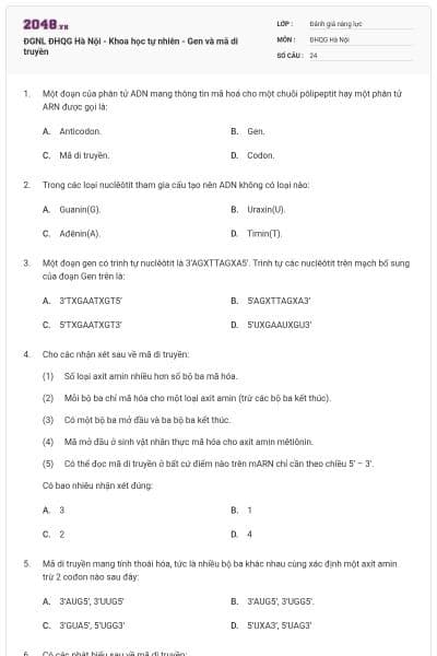 ĐGNL ĐHQG Hà Nội - Khoa học tự nhiên - Gen và mã di truyền