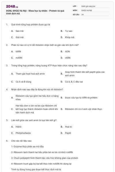 ĐGNL ĐHQG Hà Nội - Khoa học tự nhiên - Protein và quá trình dịch mã