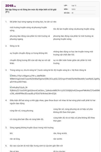 Bài tập Sóng cơ và Sóng âm mức độ nhận biết có lời giải (P1)