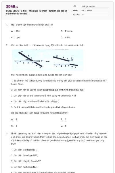 ĐGNL ĐHQG Hà Nội - Khoa học tự nhiên - Nhiễm sắc thể và đột biến cấu trúc NST