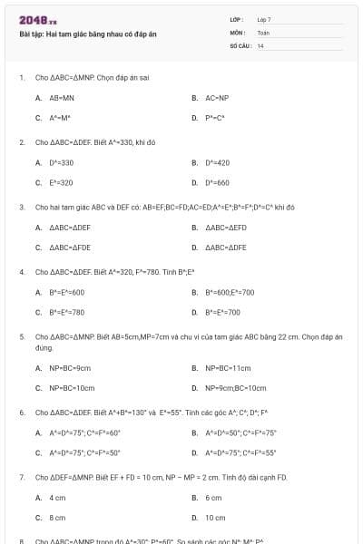 Bài tập: Hai tam giác bằng nhau có đáp án