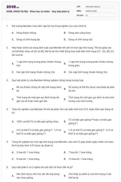 ĐGNL ĐHQG Hà Nội - Khoa học tự nhiên - Quy luật phân ly