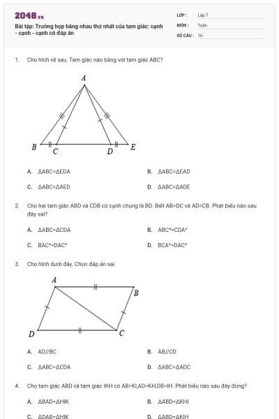Bài tập: Trường hợp bằng nhau thứ nhất của tam giác: cạnh - cạnh - cạnh có đáp án