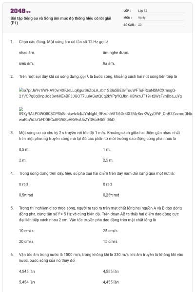 Bài tập Sóng cơ và Sóng âm mức độ thông hiểu có lời giải (P1)