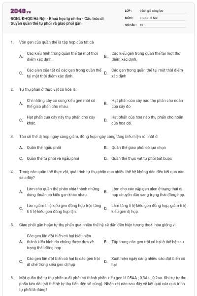 ĐGNL ĐHQG Hà Nội - Khoa học tự nhiên - Cấu trúc di truyền quần thể tự phối và giao phối gần