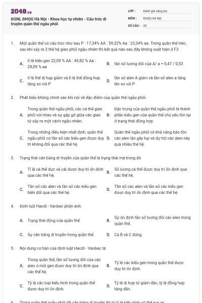 ĐGNL ĐHQG Hà Nội - Khoa học tự nhiên - Cấu trúc di truyền quần thể ngẫu phối