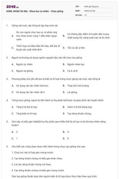 ĐGNL ĐHQG Hà Nội - Khoa học tự nhiên - Chọn giống