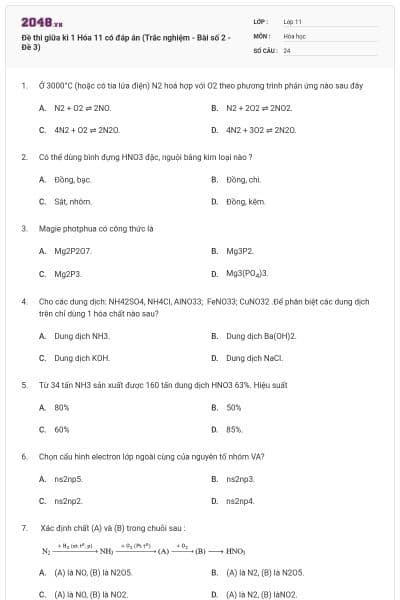Đề thi giữa kì 1 Hóa 11 có đáp án (Trắc nghiệm - Bài số 2 - Đề 3)