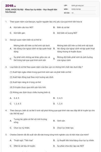ĐGNL ĐHQG Hà Nội - Khoa học tự nhiên - Học thuyết tiến hóa Dacuyn