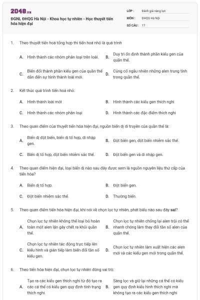 ĐGNL ĐHQG Hà Nội - Khoa học tự nhiên - Học thuyết tiến hóa hiện đại