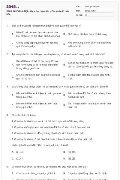 ĐGNL ĐHQG Hà Nội - Khoa học tự nhiên - Các nhân tố tiến hóa