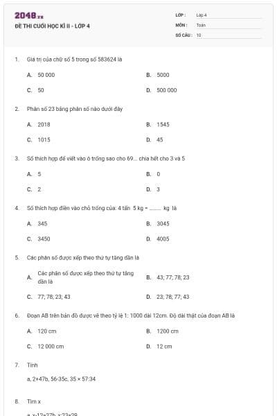 ĐỀ THI CUỐI HỌC KÌ II - LỚP 4