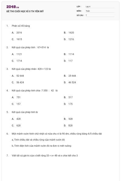 ĐỀ THI CUỐI HỌC KÌ II TH YÊN MỸ