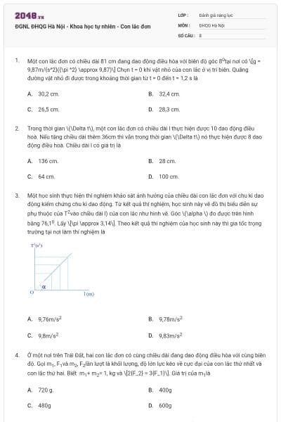 ĐGNL ĐHQG Hà Nội - Khoa học tự nhiên - Con lắc đơn