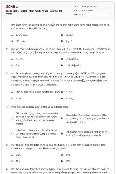 ĐGNL ĐHQG Hà Nội - Khoa học tự nhiên - Các loại dao động