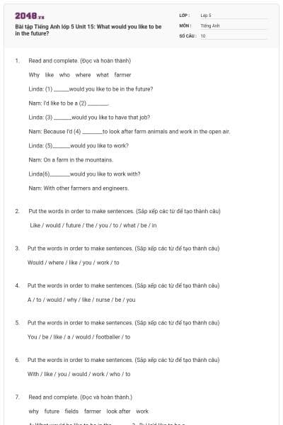 Bài tập Tiếng Anh lớp 5 Unit 15: What would you like to be in the future?