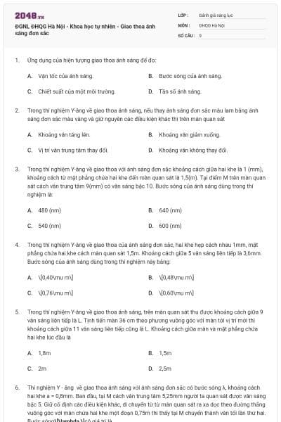 ĐGNL ĐHQG Hà Nội - Khoa học tự nhiên - Giao thoa ánh sáng đơn sắc