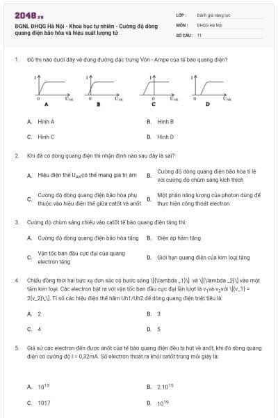 ĐGNL ĐHQG Hà Nội - Khoa học tự nhiên - Cường độ dòng quang điện bão hòa và hiệu suất lượng tử