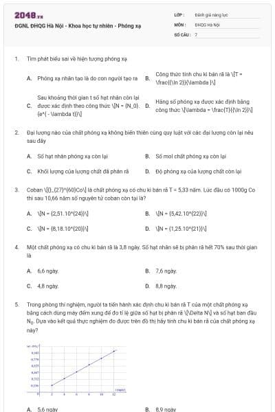 ĐGNL ĐHQG Hà Nội - Khoa học tự nhiên - Phóng xạ