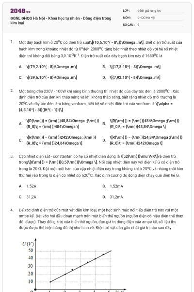 ĐGNL ĐHQG Hà Nội - Khoa học tự nhiên - Dòng điện trong kim loại