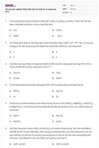 40 câu trắc nghiệm Phân biệt một số chất vô cơ nâng cao (P1)
