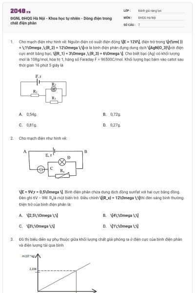 ĐGNL ĐHQG Hà Nội - Khoa học tự nhiên - Dòng điện trong chất điện phân