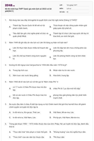 Đề thi minh họa THPT Quốc gia môn lịch sử 2022 có lời giải(Đề 8 )
