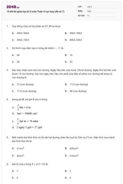 15 Đề thi giữa học kì II môn Toán 4 cực hay (đề số 7)