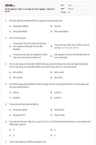Đề thi giữa kì 1 Hóa 11 có đáp án (Trắc nghiệm - Bài số 2 - Đề 4)