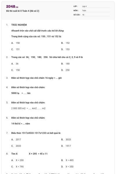 Đề thi cuối kì II Toán 4 (Đề số 2)