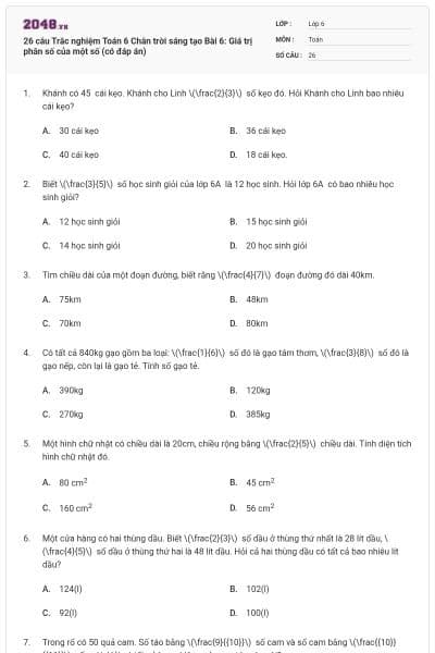 26 câu Trắc nghiệm Toán 6 Chân trời sáng tạo Bài 6: Giá trị phân số của một số (có đáp án)
