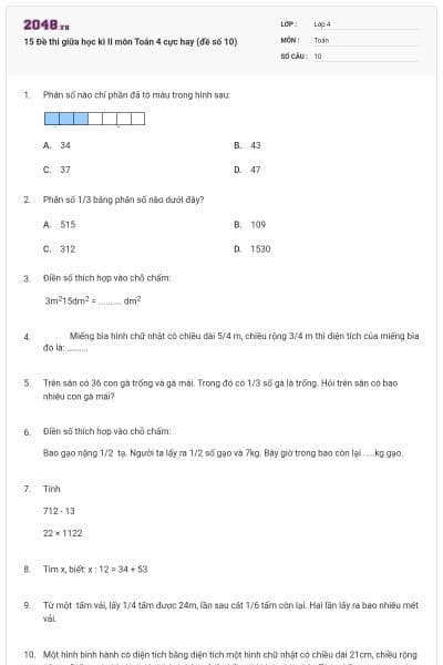 15 Đề thi giữa học kì II môn Toán 4 cực hay (đề số 10)
