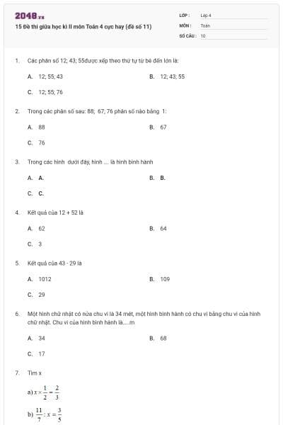 15 Đề thi giữa học kì II môn Toán 4 cực hay (đề số 11)