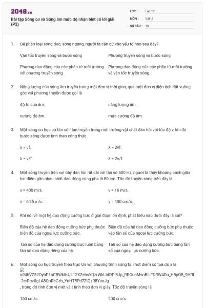 Bài tập Sóng cơ và Sóng âm mức độ nhận biết có lời giải (P2)