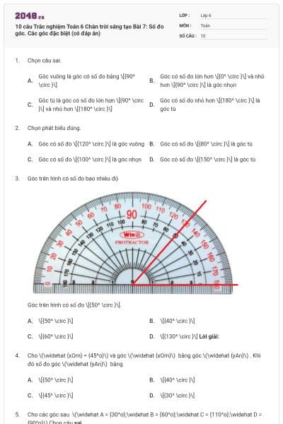 10 câu Trắc nghiệm Toán 6 Chân trời sáng tạo Bài 7: Số đo góc. Các góc đặc biệt (có đáp án)