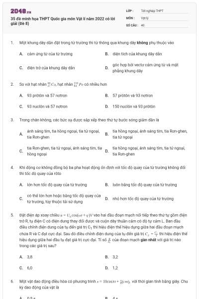 35 đề minh họa THPT Quốc gia môn Vật lí năm 2022 có lời giải (Đề 8)
